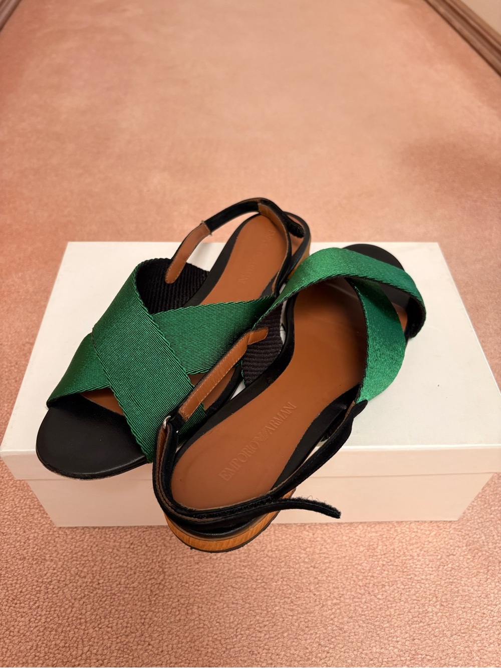 Emporio Armani Green and Black Crisscross Slingback Sandals